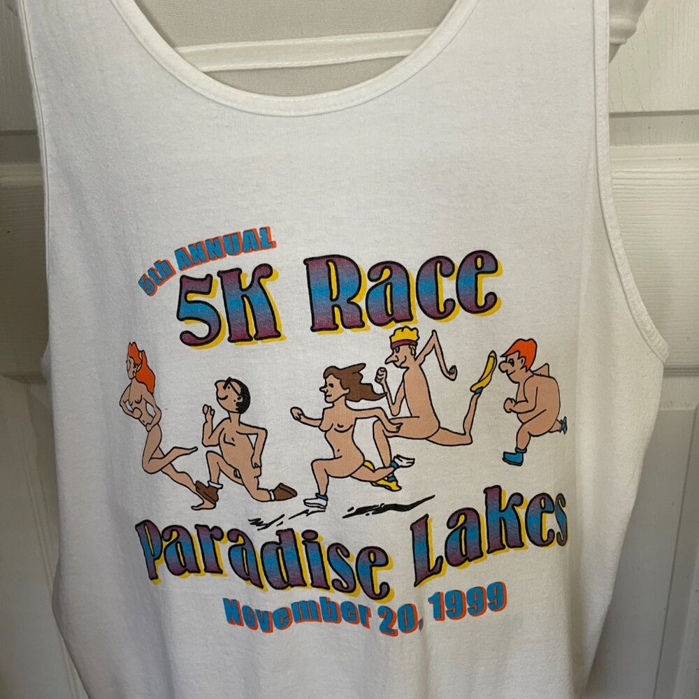 1999 Nude 5K Race Paradise Lakes Clothing Optional Resort White T-Shirt Y2K